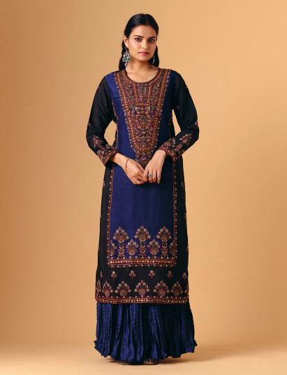 Navy blue silk round neck lehenga suit