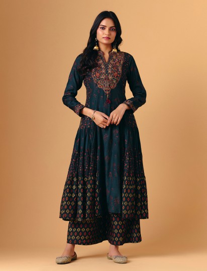 Teal blue cotton silk full sleeve palazzo suit