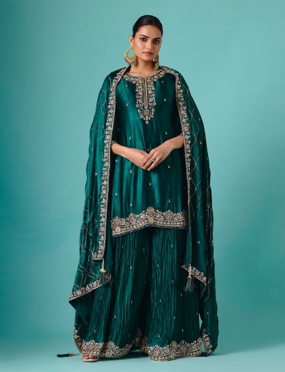Green Russian silk quarter sleeve palazzo suit