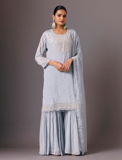 Sky blue chinon round neck sharara suit