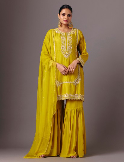Yellow silk round neck traditional sharara suit