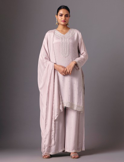 Grey silk georgette V neck sophisticated palazzo suit