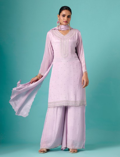 Lavender silk georgette V neck flowy palazzo suit
