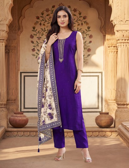 Purple silk salwar suit highlighted with zardosi embellishment