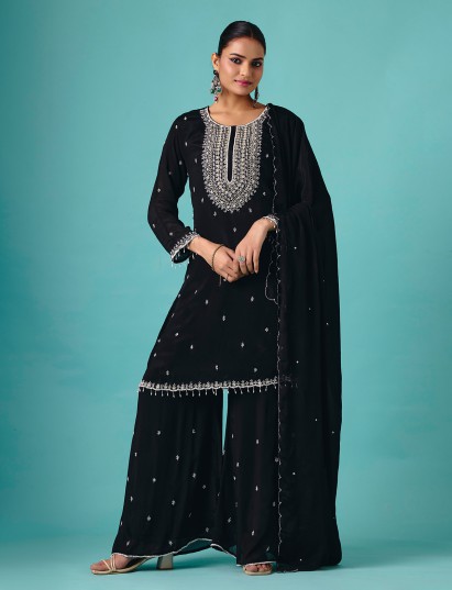 Black silk georgette round neck classic palazzo suit