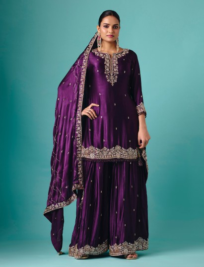 Violet chinon silk full sleeve flared palazzo suit