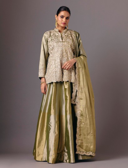 Olive tissue shimmer full sleeve embroidered lehenga suit