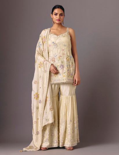 Cream tissue shimmer sleeveless detailed sharara suit