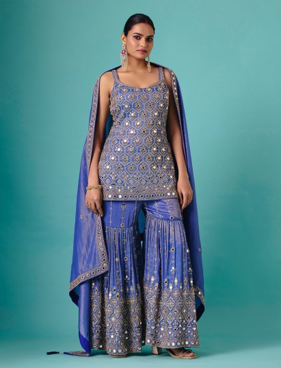 Blue chiffon silk sleeveless embroidered sharara suit