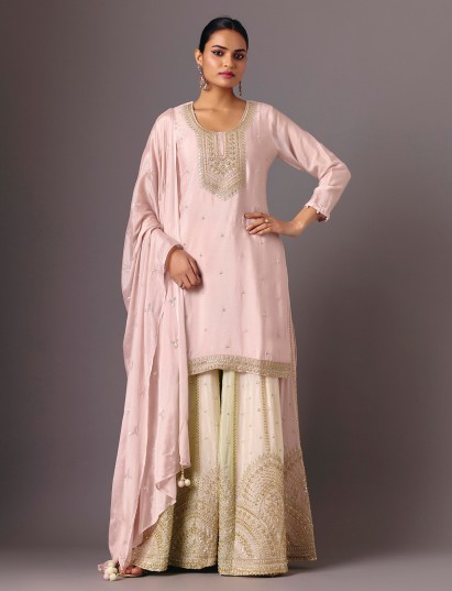 Pink silk round neck quarter sleeve sharara suit