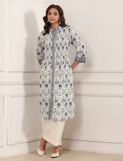 White printed straight cut kurti with thread work