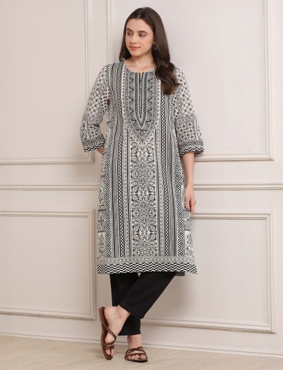 Black and white printed straight cut casual kurti