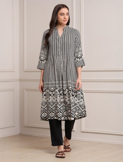 Black printed cotton silk casual kurti