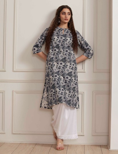 Blue floral printed cotton silk kurti