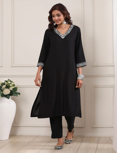 Black cotton silk kurti with aabla work