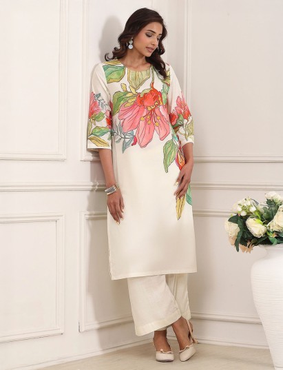 White printed elegant cotton silk kurti set