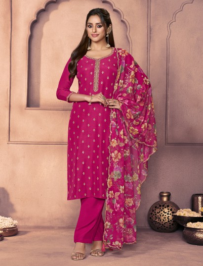 Rani pink silk embellished straight cut kurti set