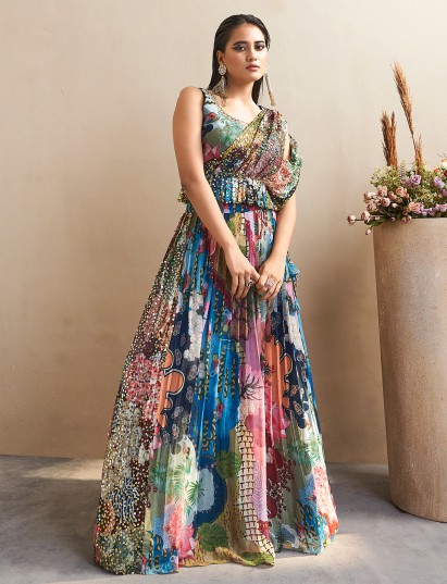 Multi color georgette lehenga choli for reception wear