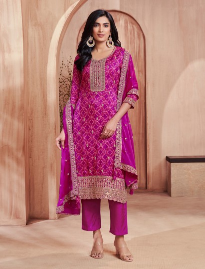 Purple printed straight cut silk festive kurti set