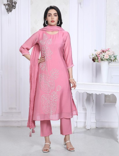 Pink silk straight cut festive wear kurti set