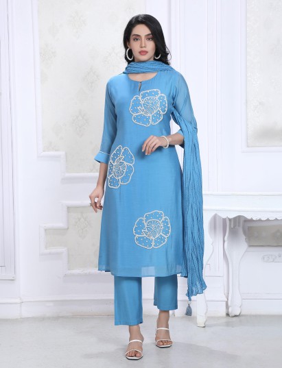 Sky blue silk embellished kurti set