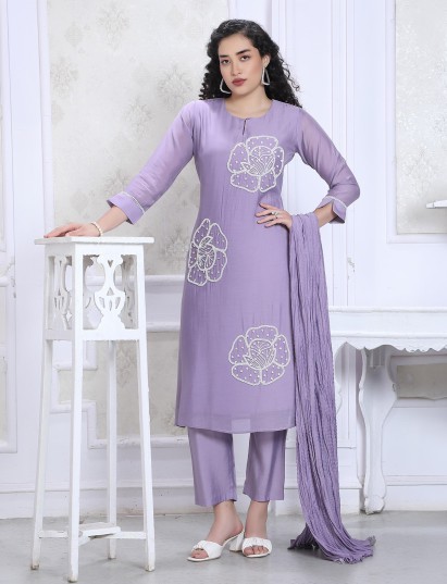 Purple silk keyhole neck embellished kurti set