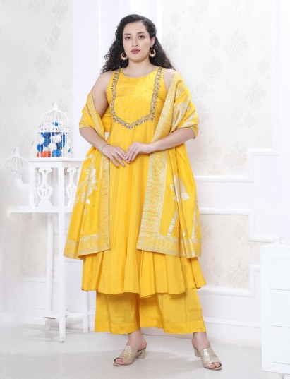 Yellow silk embellished kurti palazzo festive set