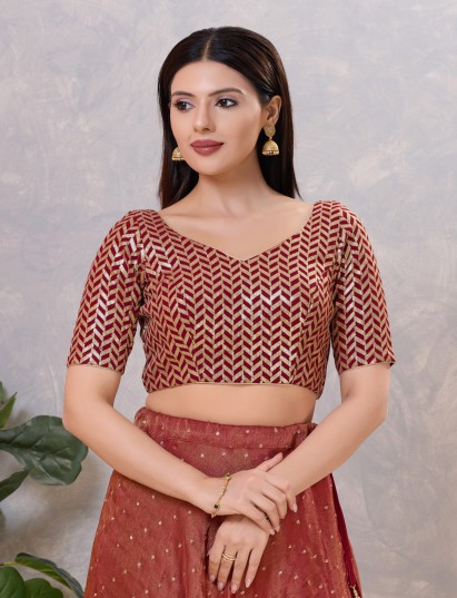 Maroon silk sequin work and sweetheart neck blouse