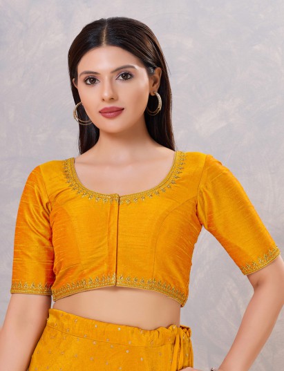 Mustard yellow silk resham and stone work blouse
