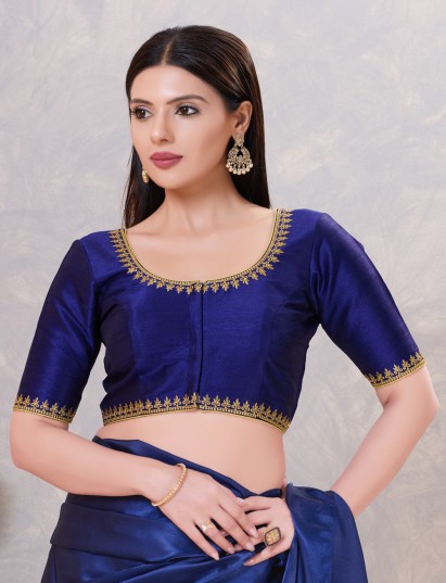 Royal blue silk resham and stone front open blouse