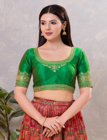 Green silk embroidery and sequin back open blouse