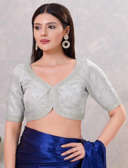 Silver silk sweetheart neck embroidered work blouse