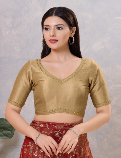Gold silk V neck stone work blouse