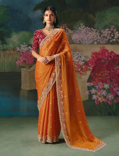 Rust orange chinon silk saree for wedding wear