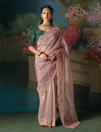 Lilac purple chinon silk saree with heavy contrast blouse