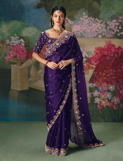 Purple chinon silk saree with heavy work blouse