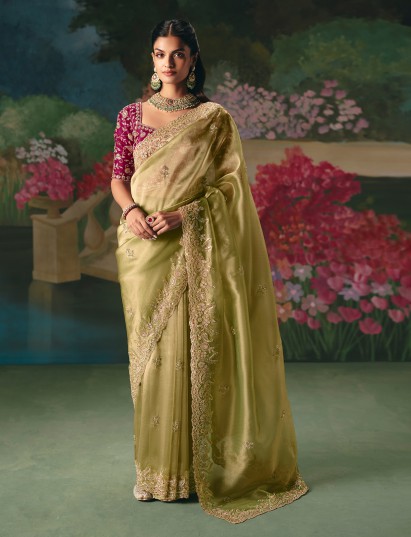Pista green chinon silk saree for festive wear