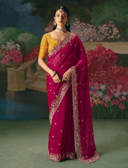 Rani pink chinon silk saree heavy contrast blouse