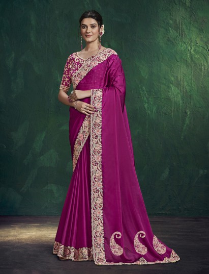 Purple crepe georgette silk festive saree