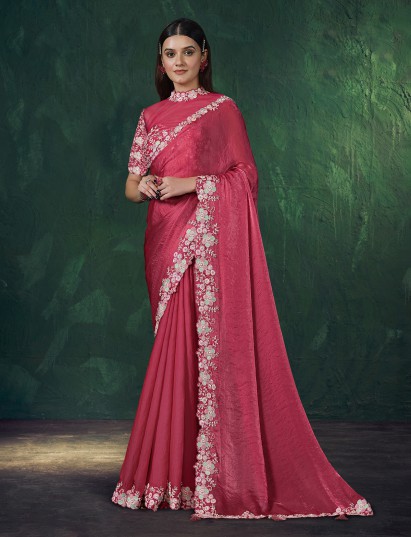 Maroon satin silk pearl embellished saree