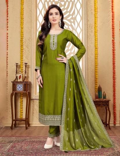 Green silk festive wear salwar suit with dupatta for women