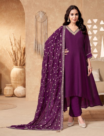 Purple plain anarkal suit with worked dupatta