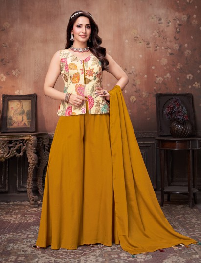 Mustard yellow silk palazzo suit with print