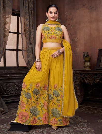 Mustard yellow silk palazzo suit for haldi celebration