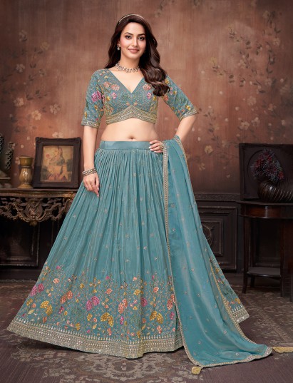 Mint blue silk lehenga choli with resham and sequin embroidery