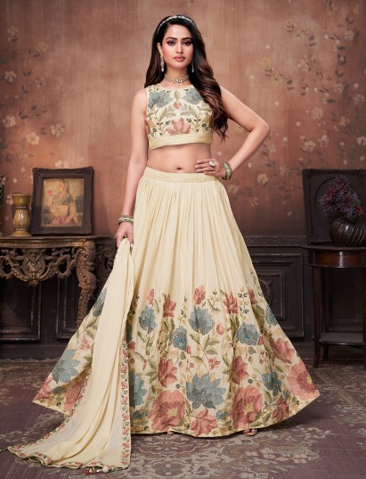 Cream chiffon silk lehenga choli with delicate thread embroidery