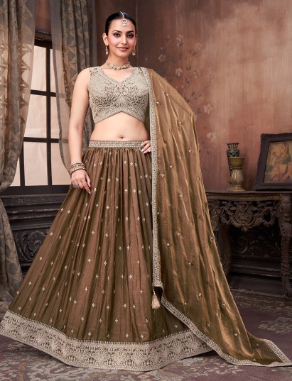 Brown wedding wear lehenga choli in shining taffeta silk