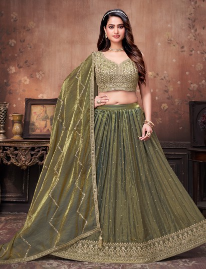 Olive green taffeta slk lehenga choli for mehendi celebration
