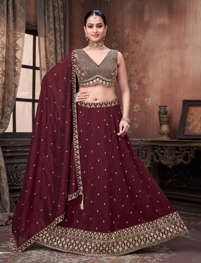 Maroon wedding wear silk lehenga choli with resham and sequins
