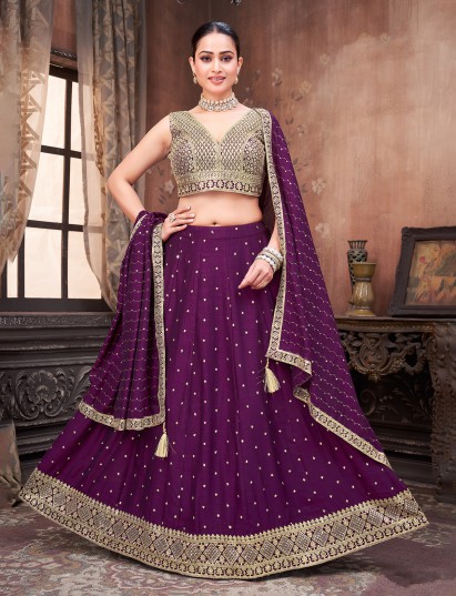 Wine silk resham and sequins worked lehenga choli